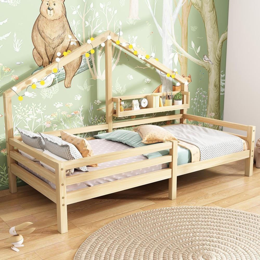 Cama infantil casita 90x200cm con estante, chimenea y barrera natural