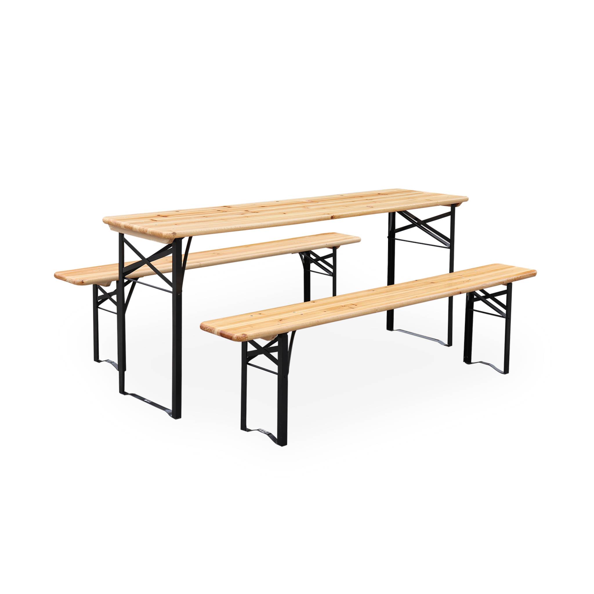 Mesa de madera y 2 bancos plegables para 6 personas natural 177x49.5x75.5
