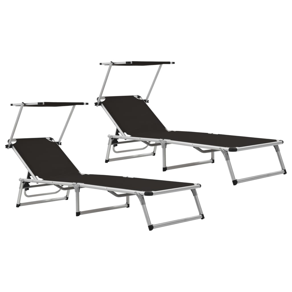 vidaXL tumbonas plegables con toldo 2 uds aluminio y textilene negro