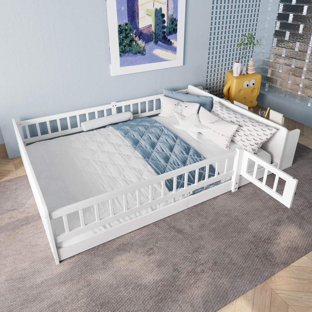Cama doble 140x200cm con almacenaje y barandilla pino y mdf – blanco