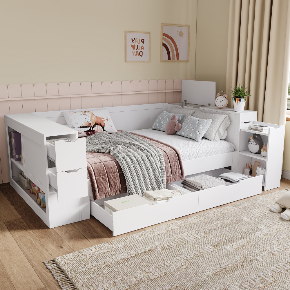 Cama doble 140x200cm con cajón, armarios y mesita extraíble mdf blanco