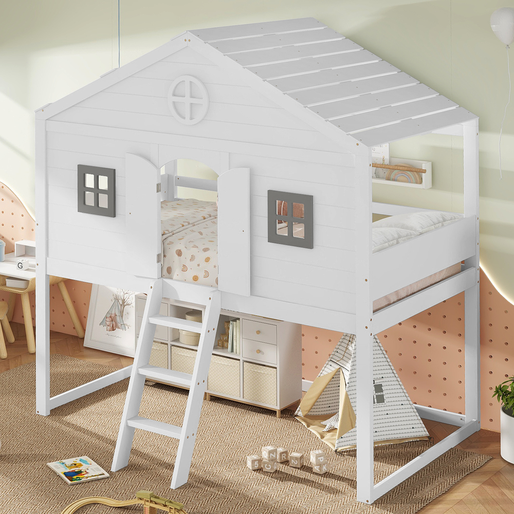 Cama infantil alta 90x200 cm con escalera y ventanas madera – blanco y gris