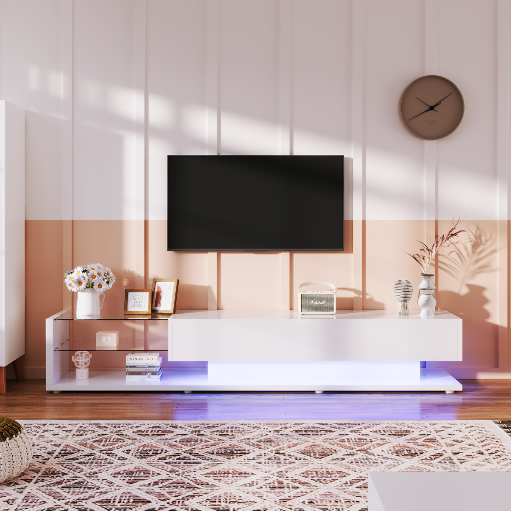Mueble de tv con LED y 2 cajones blanco brillo 38x170x36cm