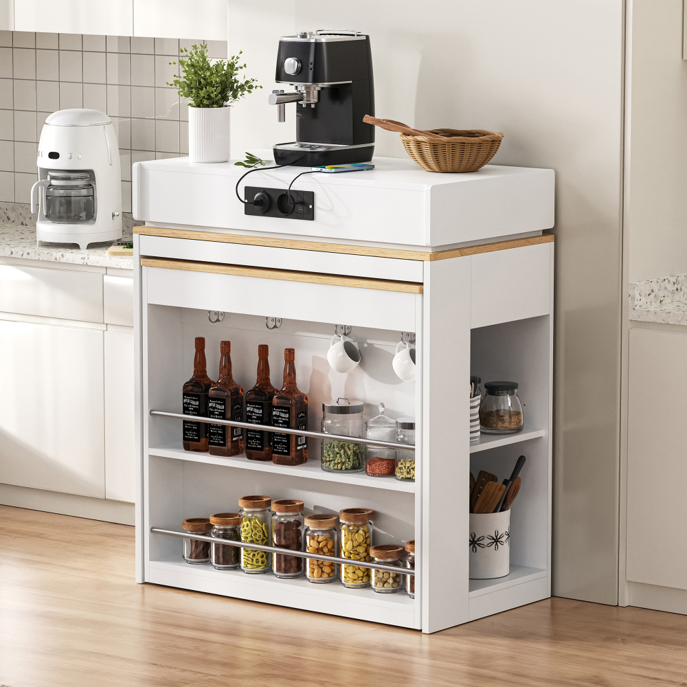 Isla de cocina extensible con enchufes y almacenaje blanco 96x83x46-146,5cm