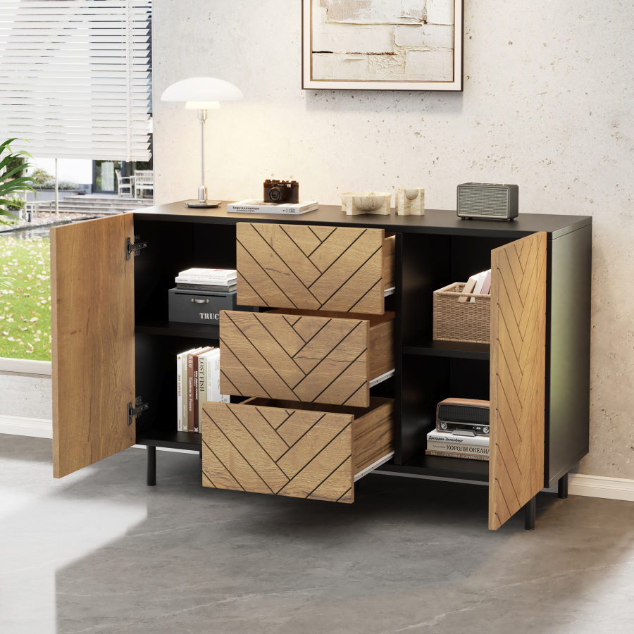 Aparador para salón con 3 cajones y 2 puertas madera natural 76x120x40cm
