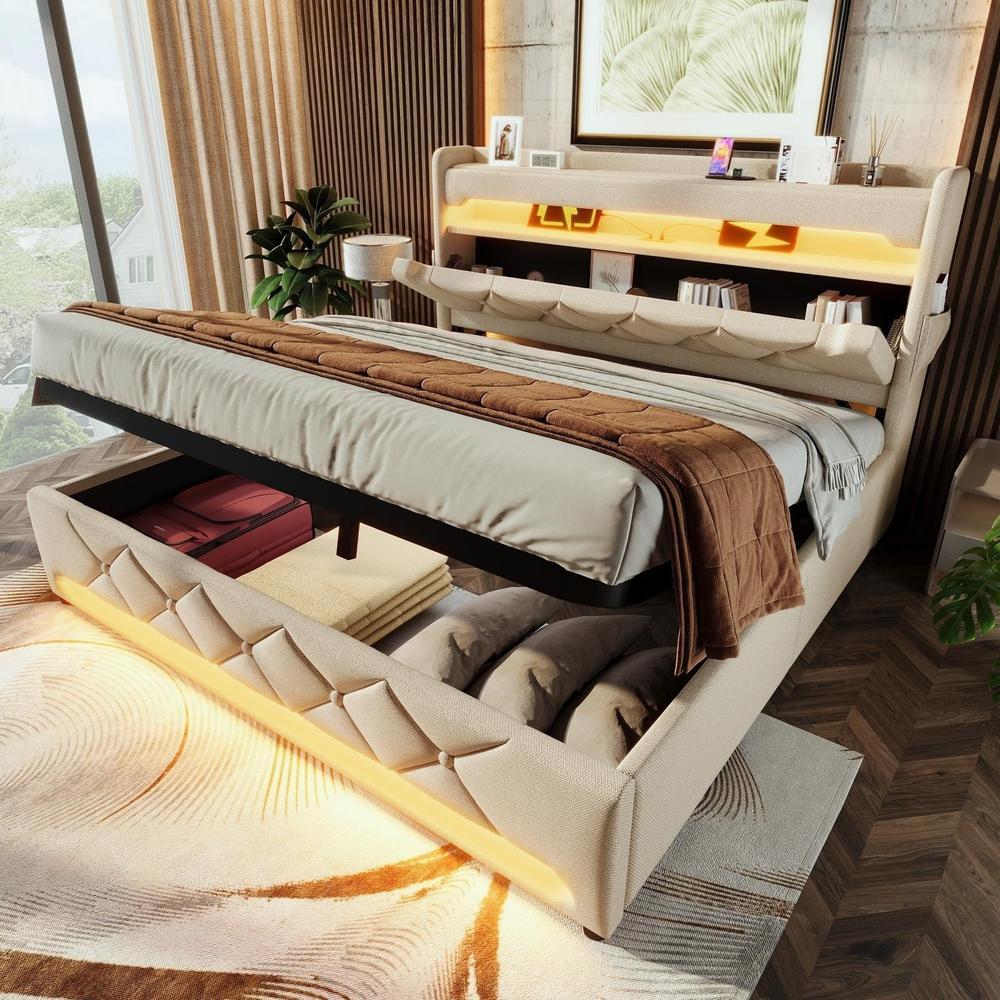 Cama individual 160x200 cm con LED 360°, cabecero usb-c, lino beige