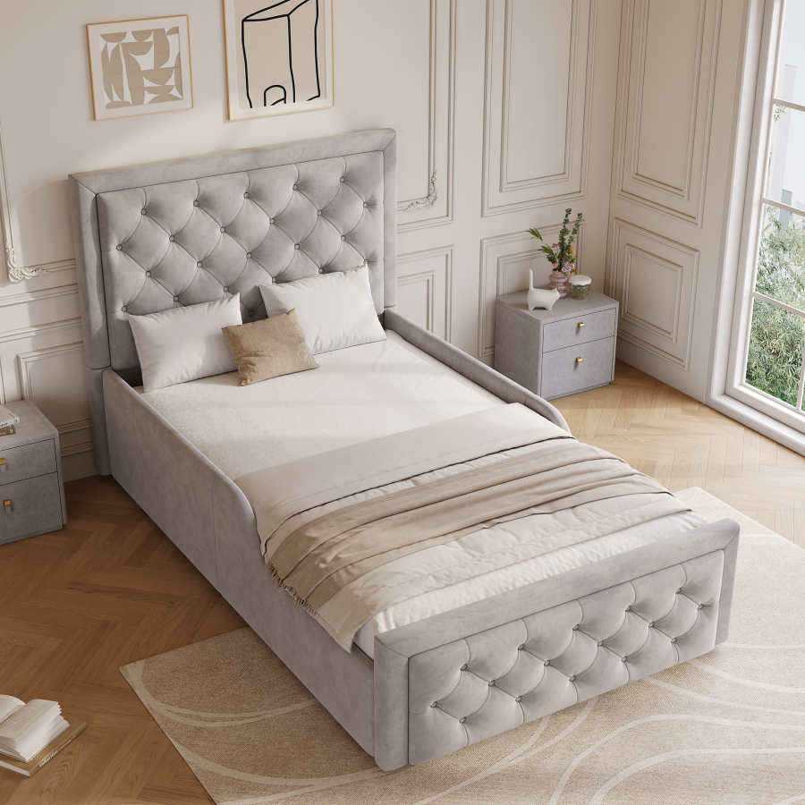 Cama infantil 90x200cm con canapé y almacenaje sin colchón terciopelo gris