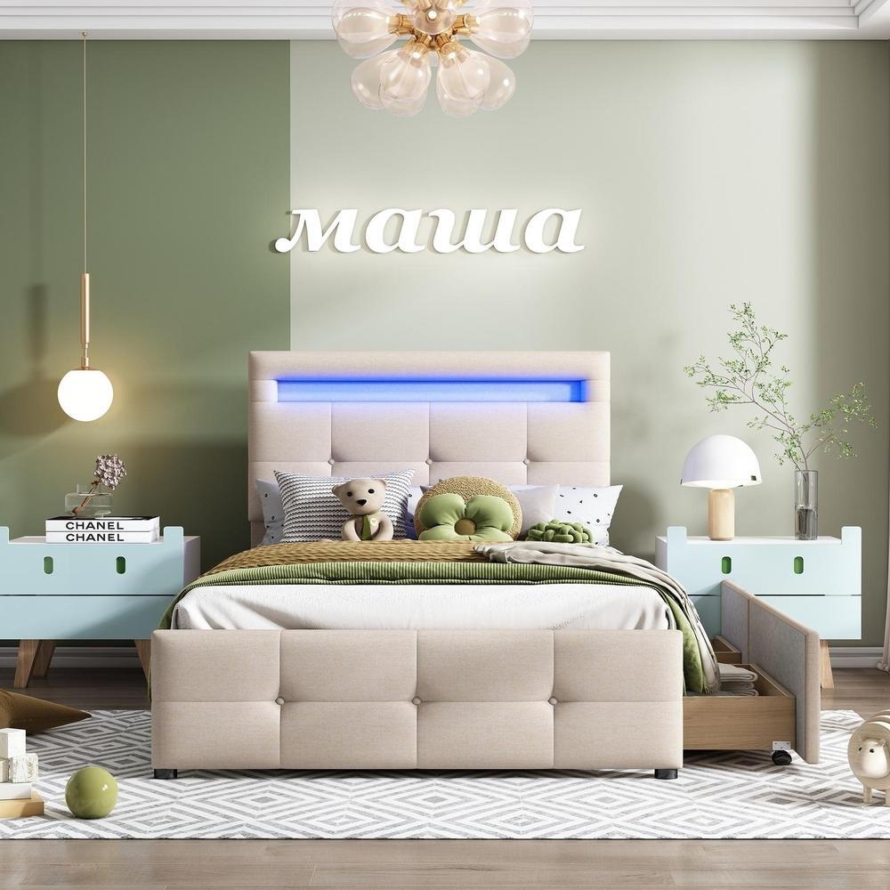Cama infantil 90x200cm beige con LED, 2 cajones y cabecero ajustable