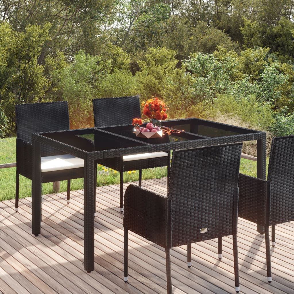 Mesa de jardín superficie de vidrio ratán pe negro 150x90x75 cm