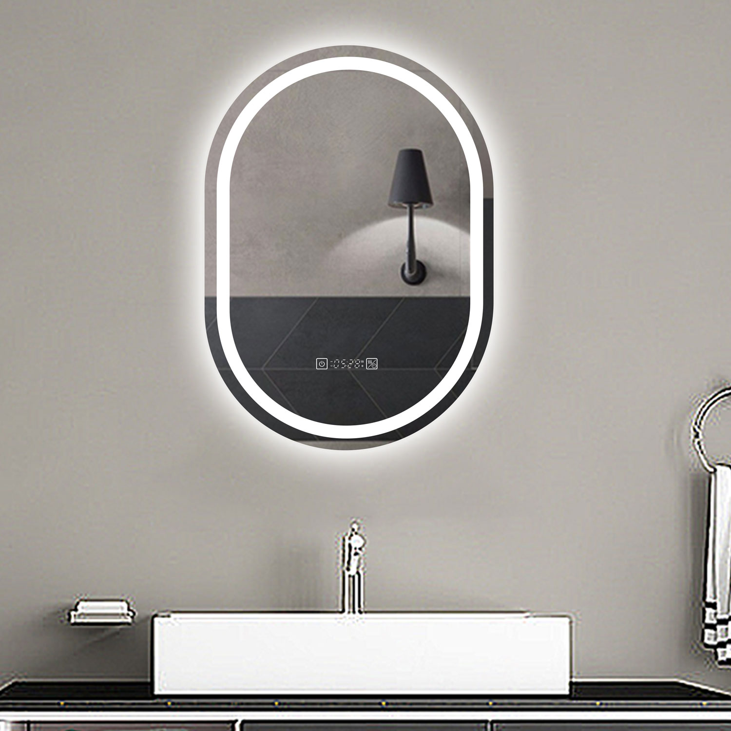 Espejo de baño LED 60×80cm,reloj,antivaho,luminosidad regulable,ovalado
