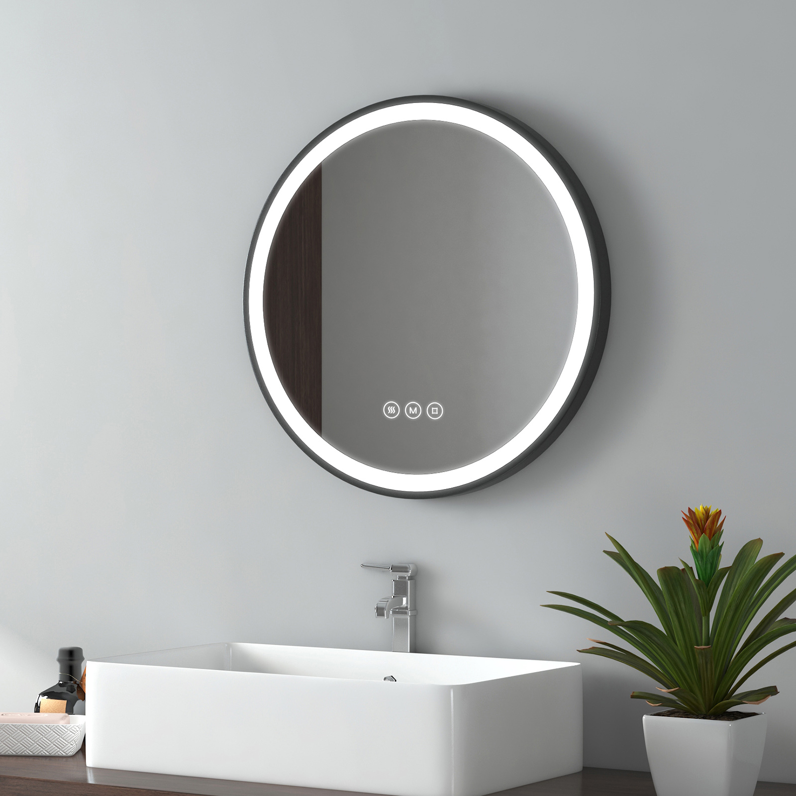 Emke espejo LED ø50 cm, antivaho, 3 tonos de luz, correa ajustable