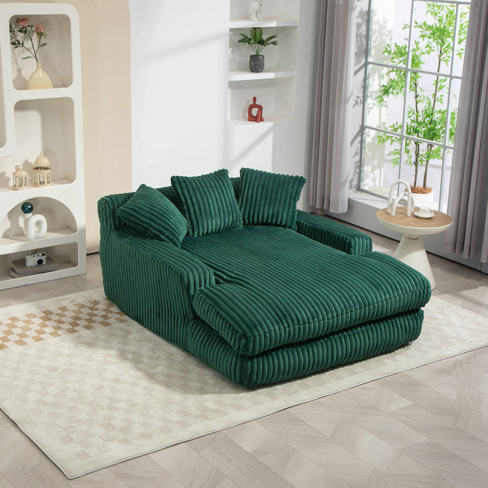 Sofá chaise longue pana verde esmeralda 1 plaza con 3 cojines sin montaje