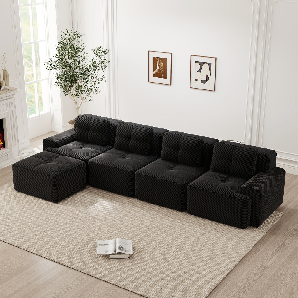 Sofá modular en l de pana negro 4 plazas asiento profundo sin montaje