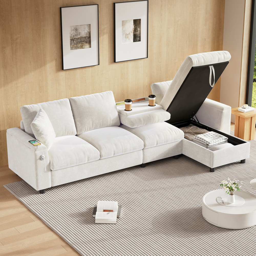 Sofá cama en l chenilla beige 4 plazas mesa plegable almacenaje usb