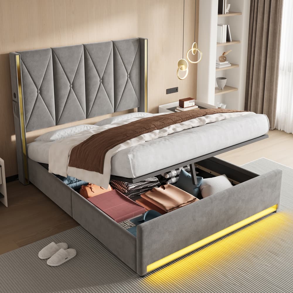 Cama tapizada 160x200cm con almacenaje LED usb terciopelo