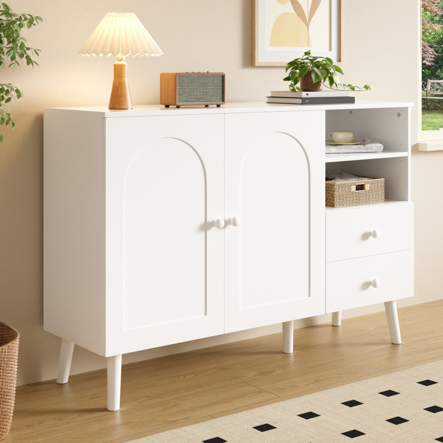 Aparador blanco con 2 puertas 2 cajones y huecos 82x118x35cm