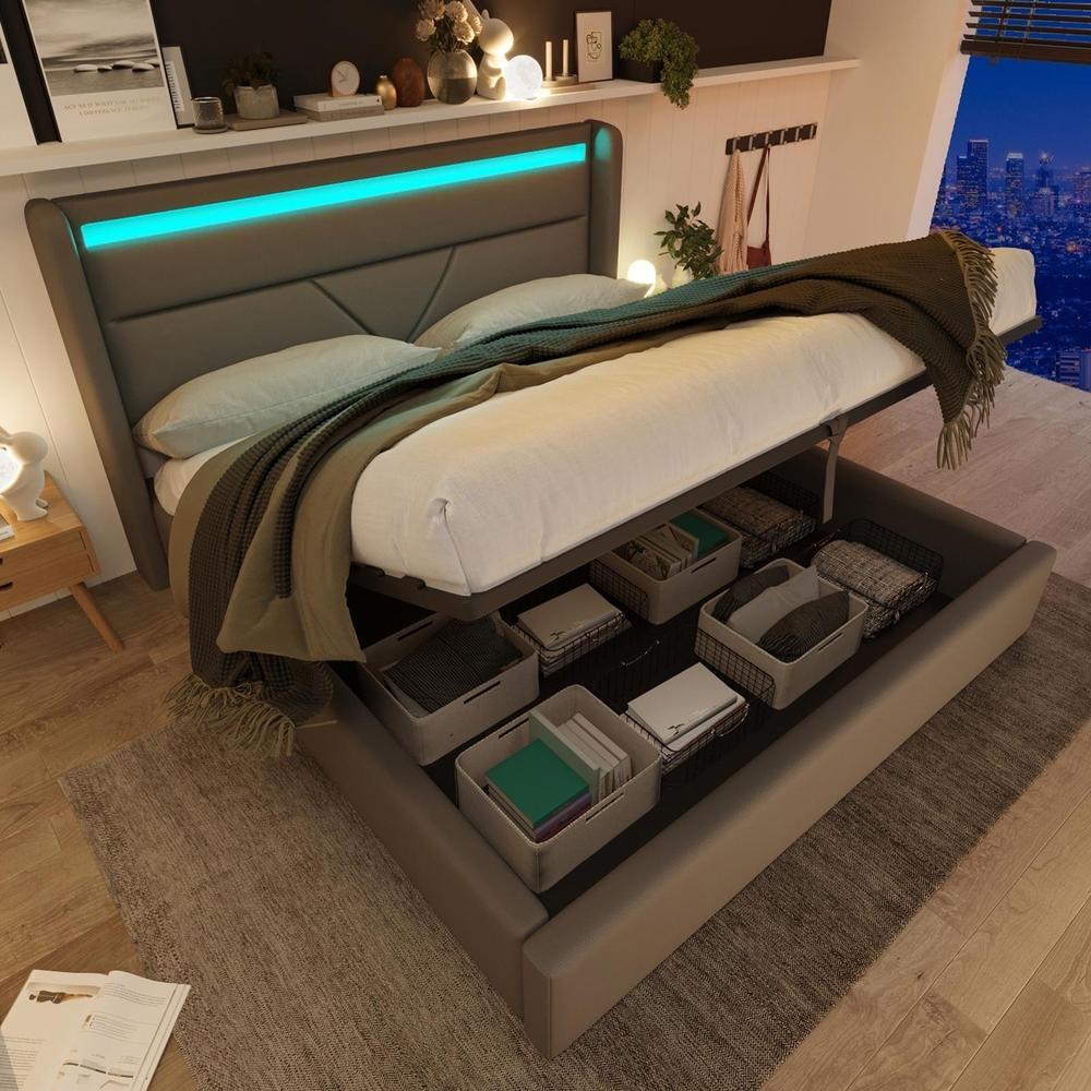 Cama baúl hidráulica LED 140x200cm tapizada blanca