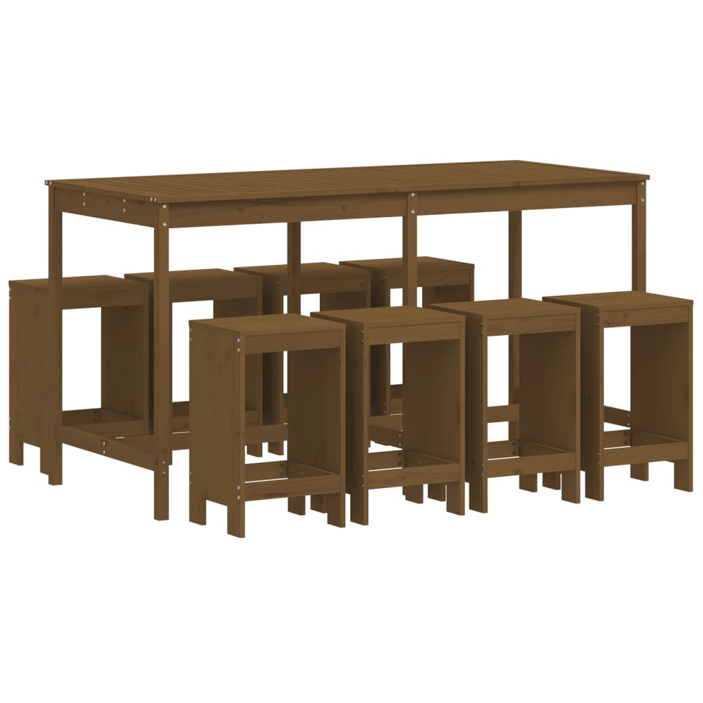 vidaXL mesa y taburetes altos de jardín 9 pzas madera pino marrón miel