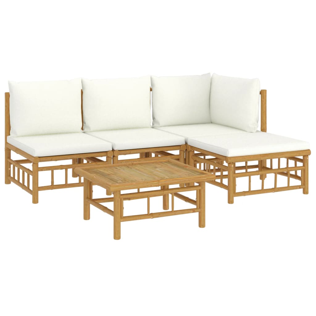 vidaXL set de muebles de jardín 5 piezas bambú y cojines blanco crema