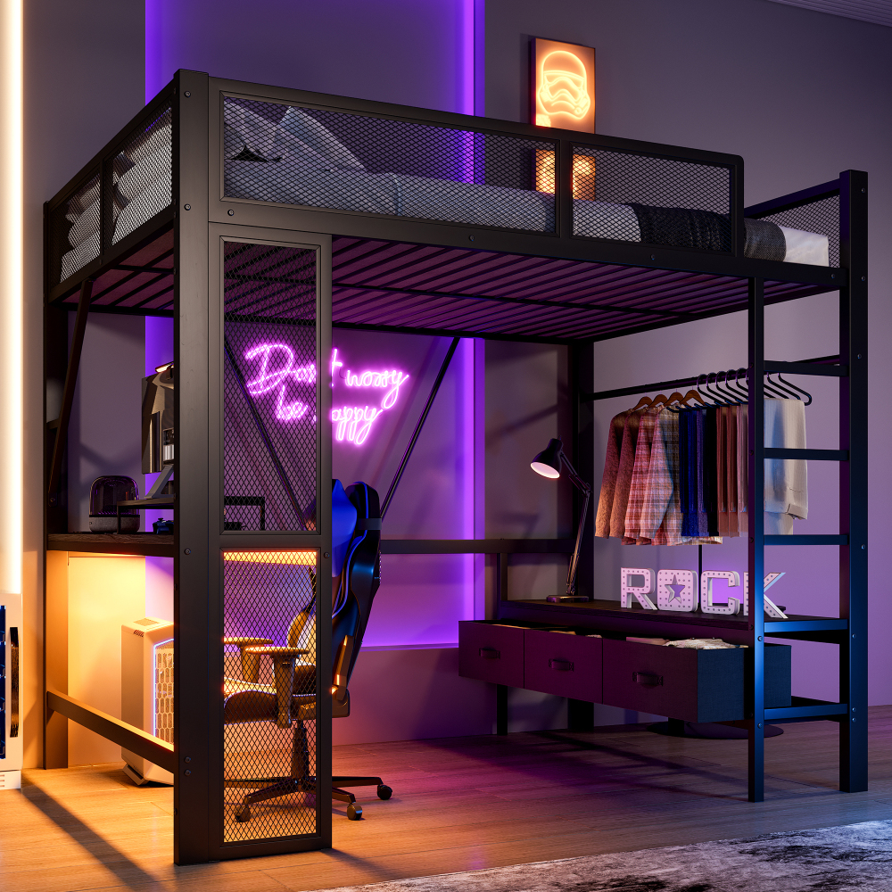Cama alta metálica 140x200cm escritorio, LED, usb y almacenaje metal negro