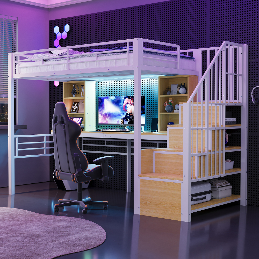 Cama alta 90x200cm con escritorio, almacenaje y luz LED metal – blanco