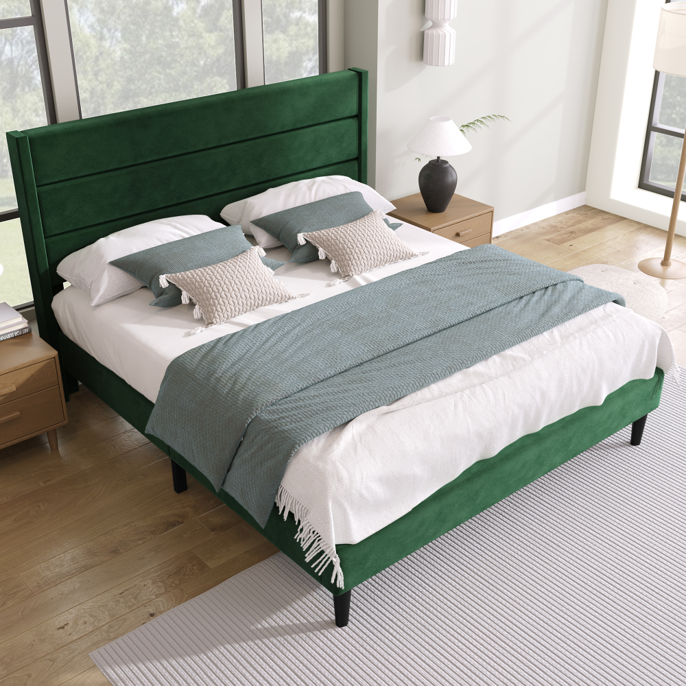 Cama tapizada 140x200cm con cabecero acolchado terciopelo – verde