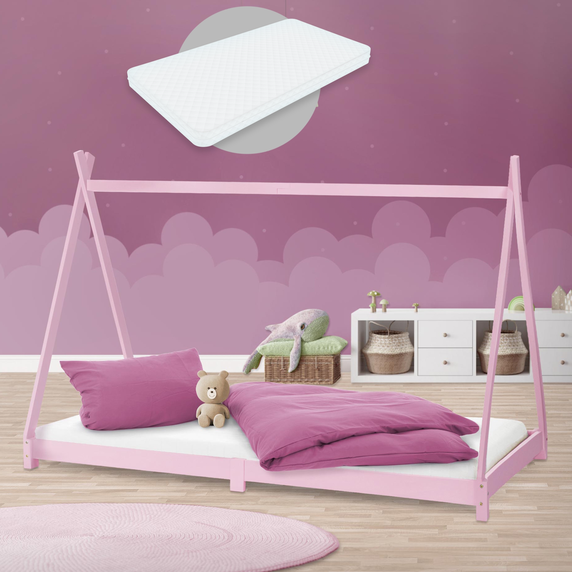 Cuna tipi con listones 90x200 cm diseño ml de madera rosa