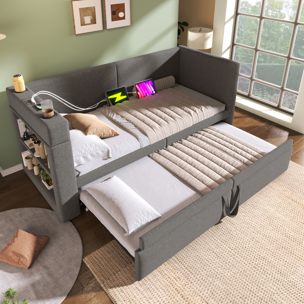 Cama nido 90x200cm, sofá cama con usb-c y portavasos algodón – gris