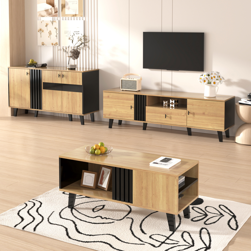 Conjunto muebles salón negro+natural mesa de centro, aparador, mueble de tv