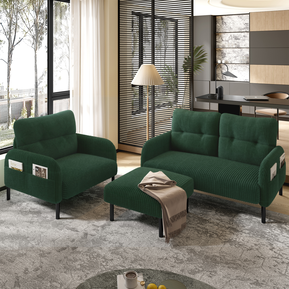 Conjunto de sofá 3 piezas pana verde esmeralda, sofá 4 plazas con puff