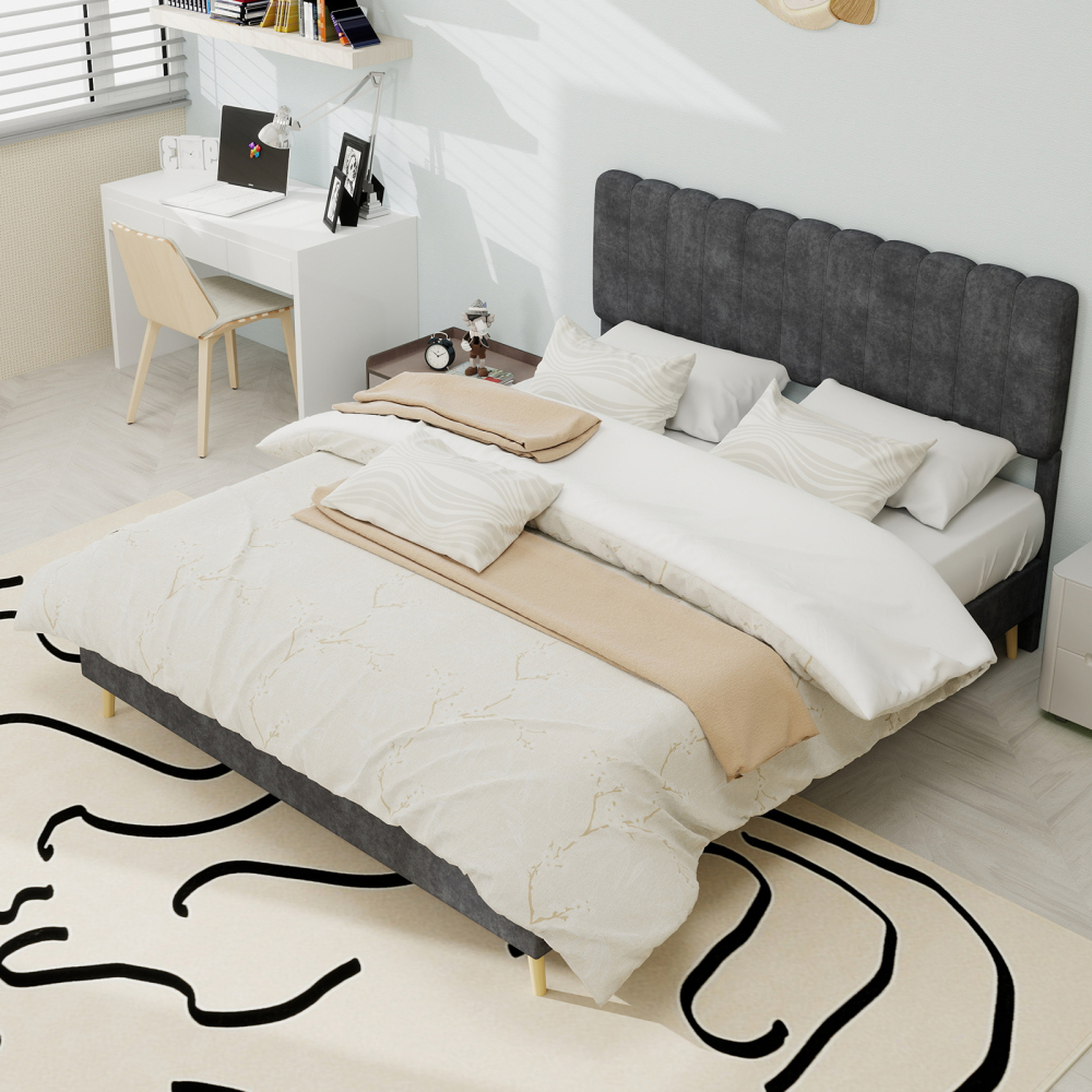Cama tapizada 140x200 cm de perfil bajo tela y metal color gris