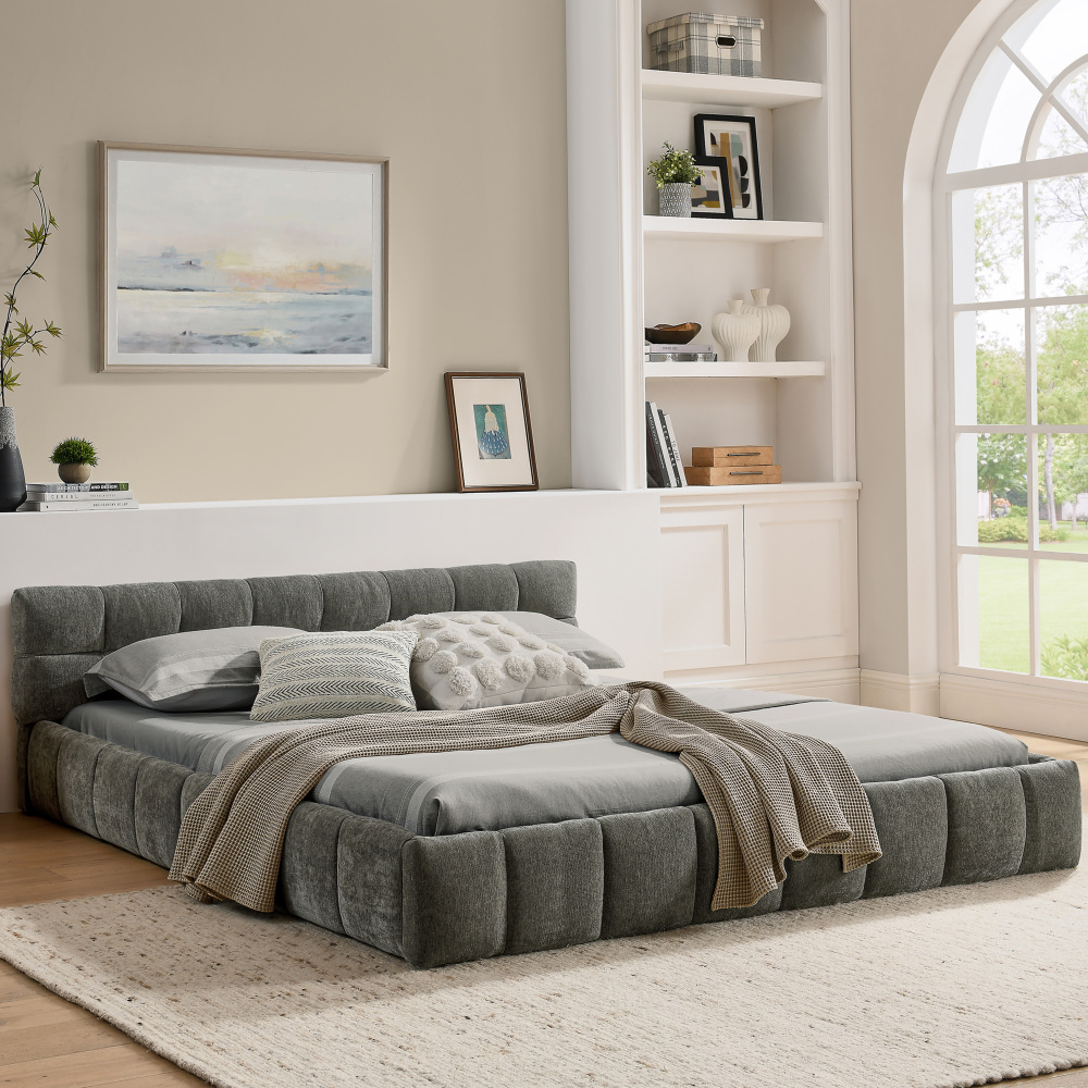 Cama tapizada 140x200cm estructura de madera y metal chenilla – gris oscuro