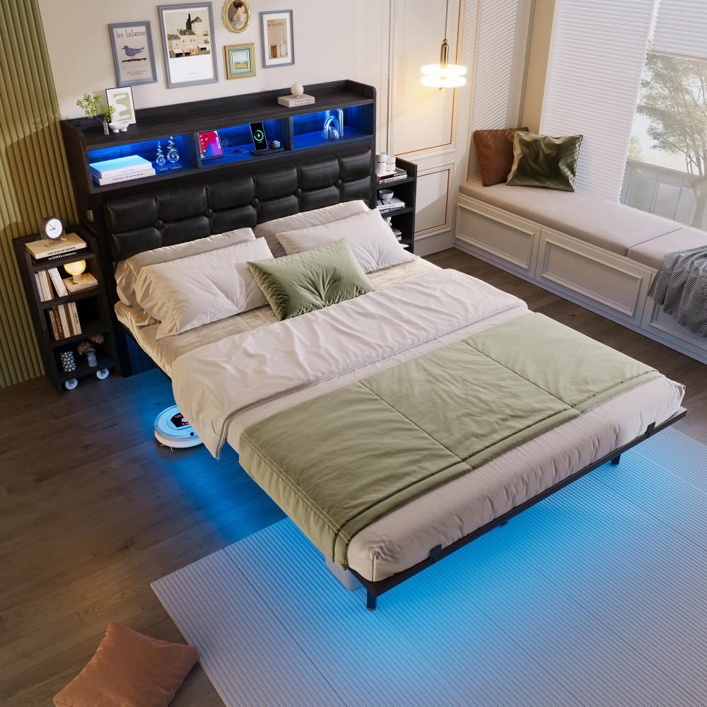 Cama tapizada 140x190 cm con LED, carga usb y mesitas deslizantes – gris