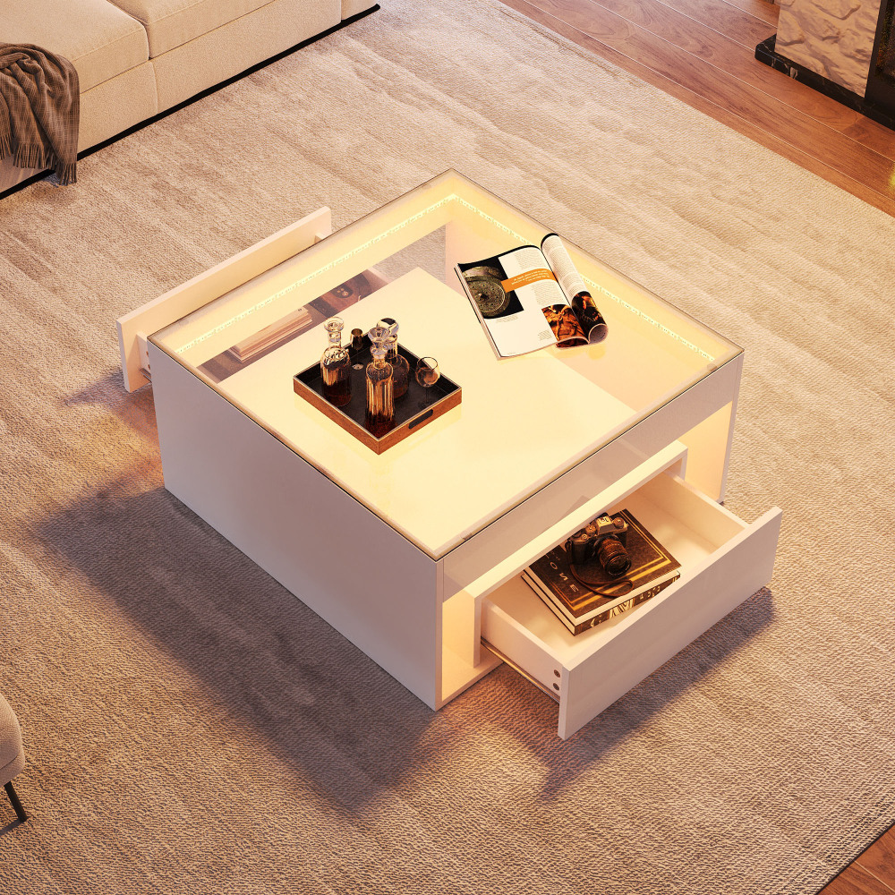 Mesa de centro con LED y 2 cajones blanco 35x70x70cm