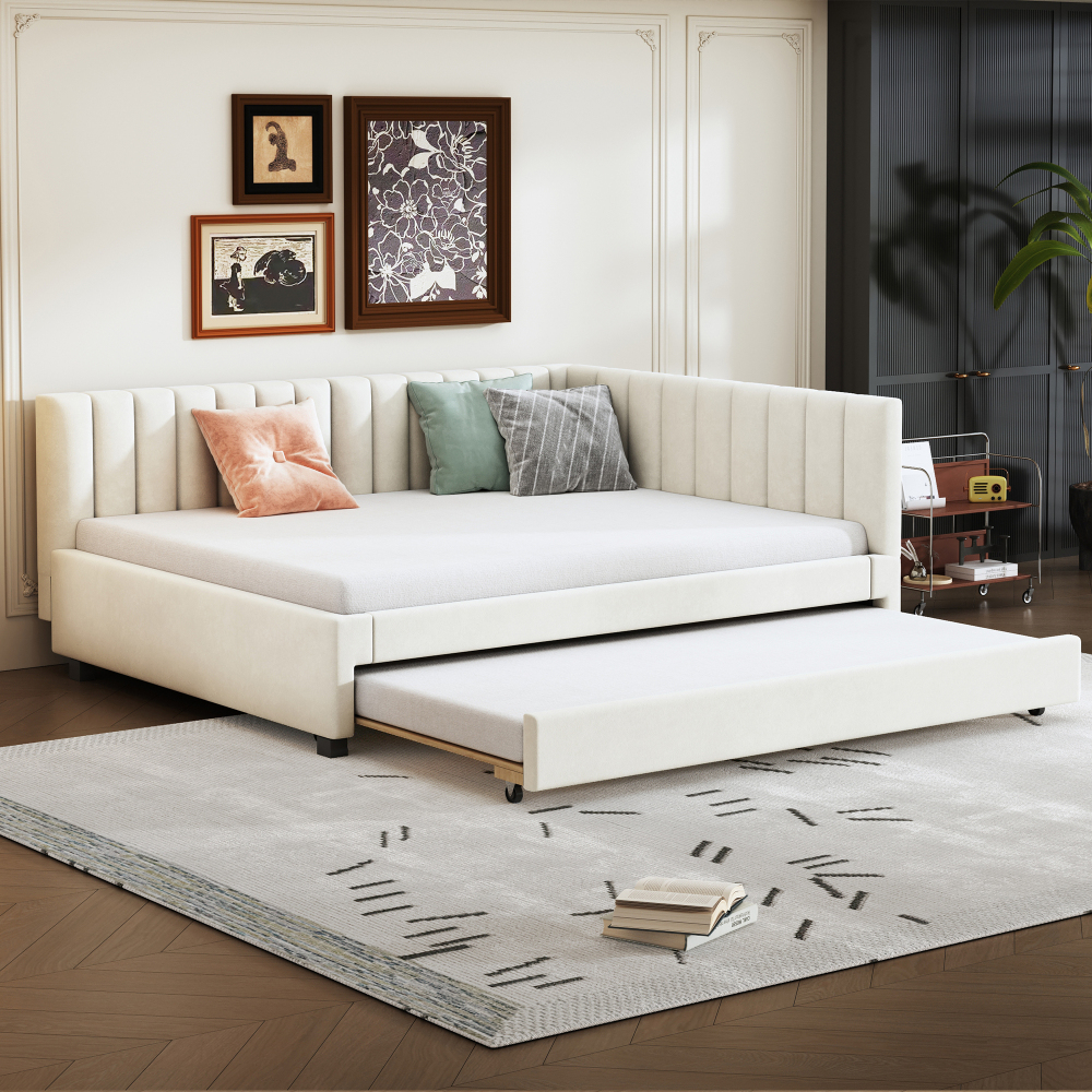 Sofá cama tapizado 140x200 cm con cama extraíble y somier – color beige