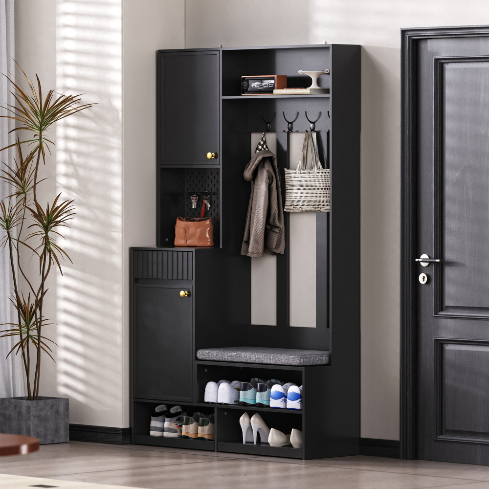 Mueble recibidor con banco acolchado 2 cajones 1 armario negro 180x100x35cm