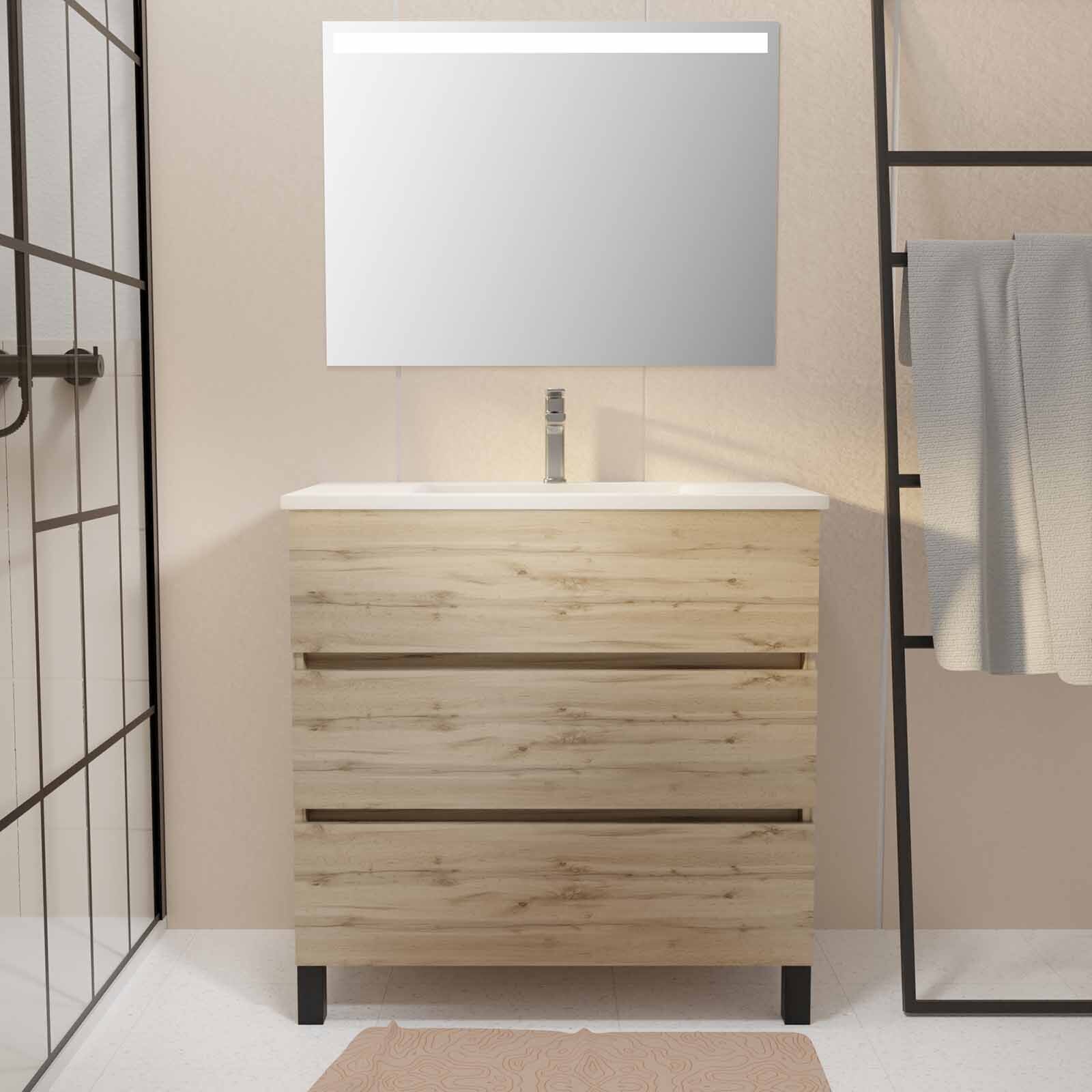 Mueble baño 80x80 cm roble cajones + lavabo blanco + espejo LED
