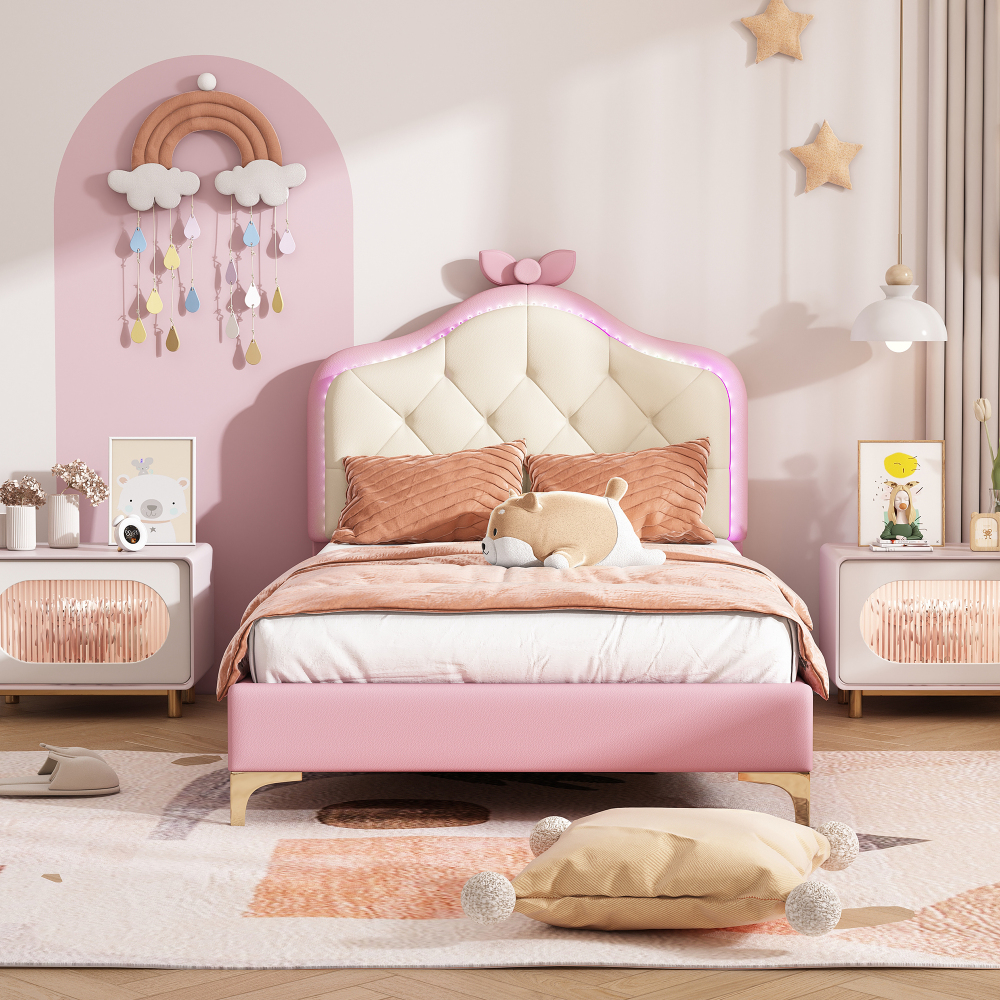 Cama infantil tapizada 90x200cm con LED y cabecero ondulado pu – rosa