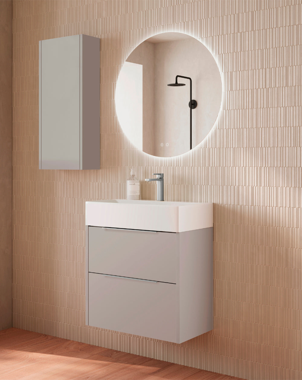 Mueble baño suspendido fondo reducido lavabo cerámico moka tirador cromo