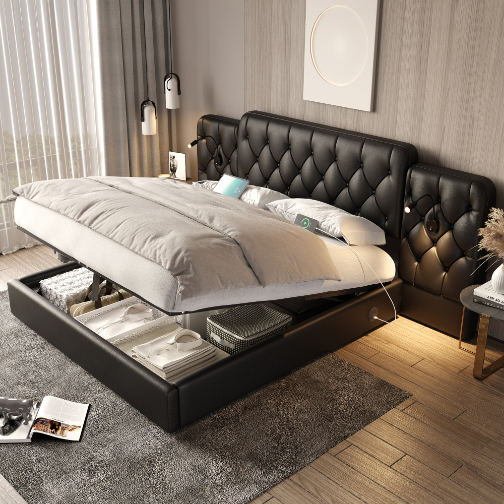 Cama tapizada 160x200 cm con canapé, usb y lámparas pu – color negro