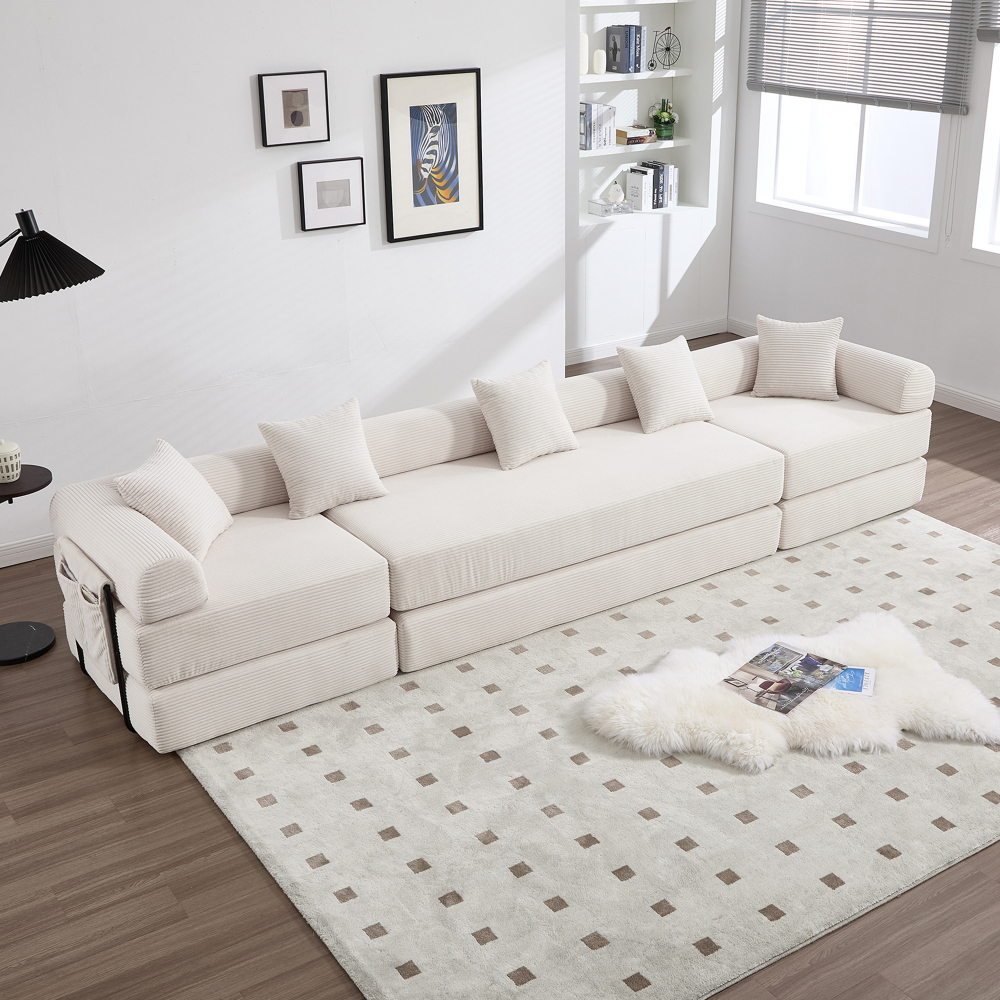 Sofá modular pana beige 4 plazas convertible en cama