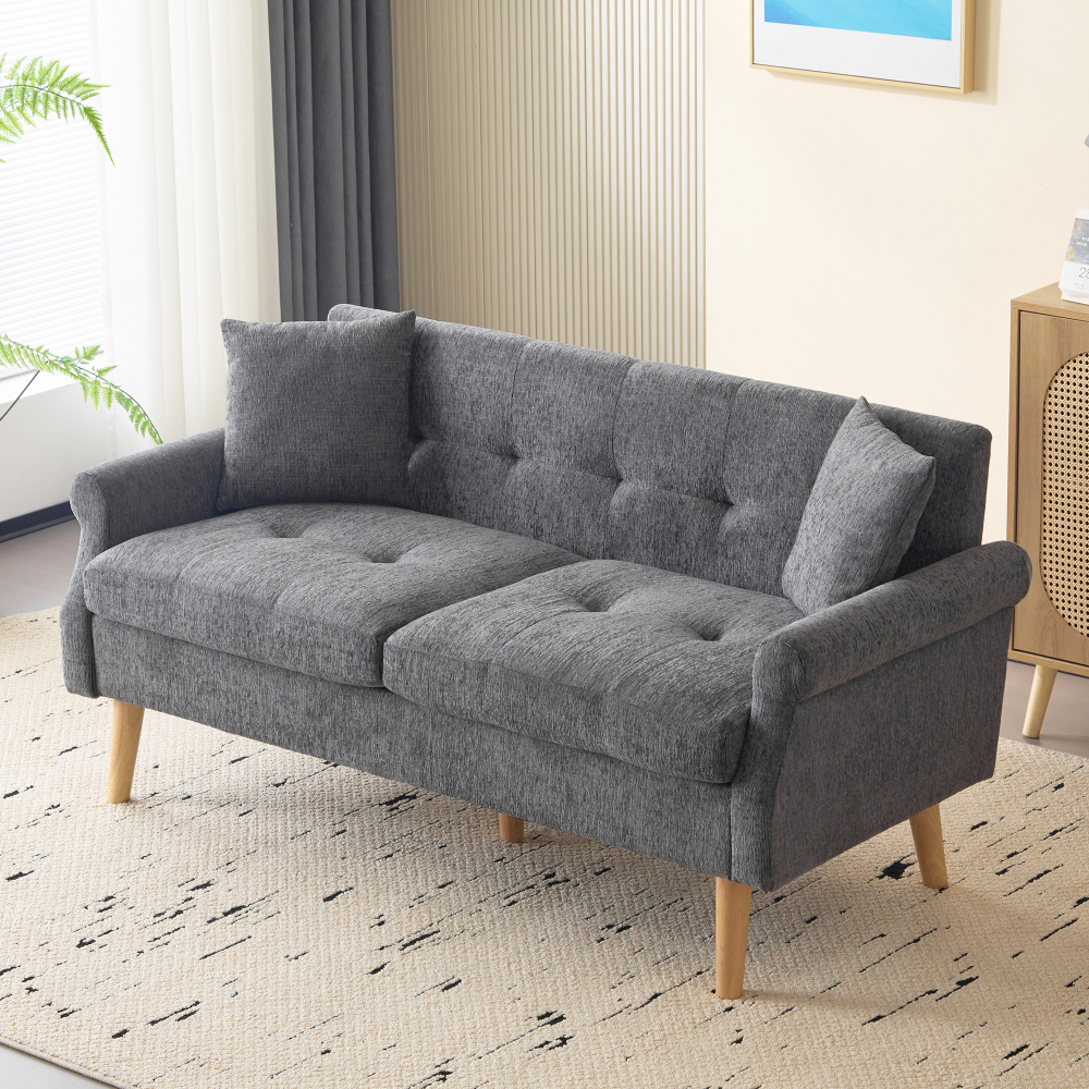 Sofa 2 plazas chenilla gris con cojines asiento grueso patas de madera