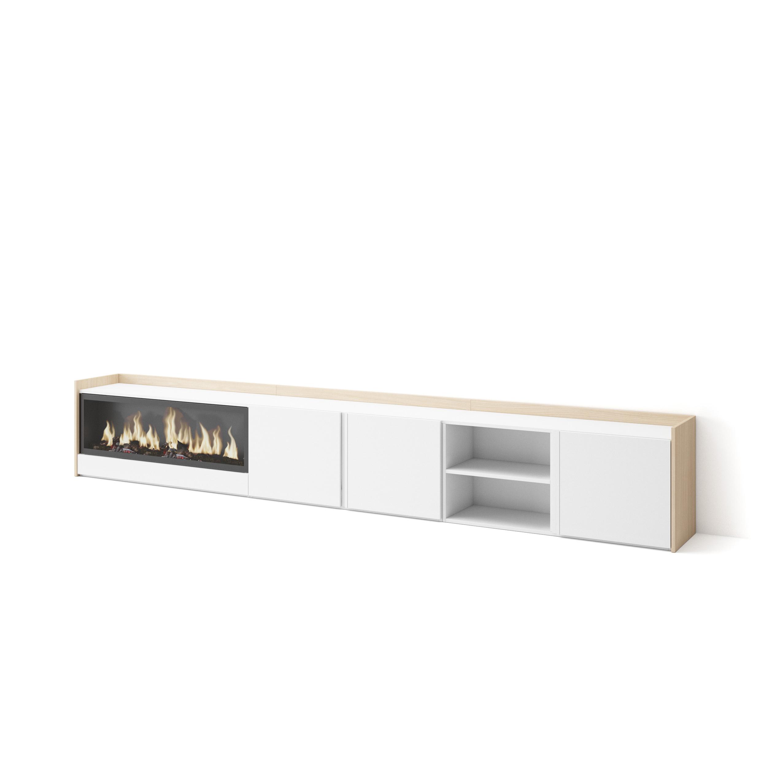 Mueble tv, 315x35x50cm, blanco y roble soft, chimenea eléctrica xxl rf4808