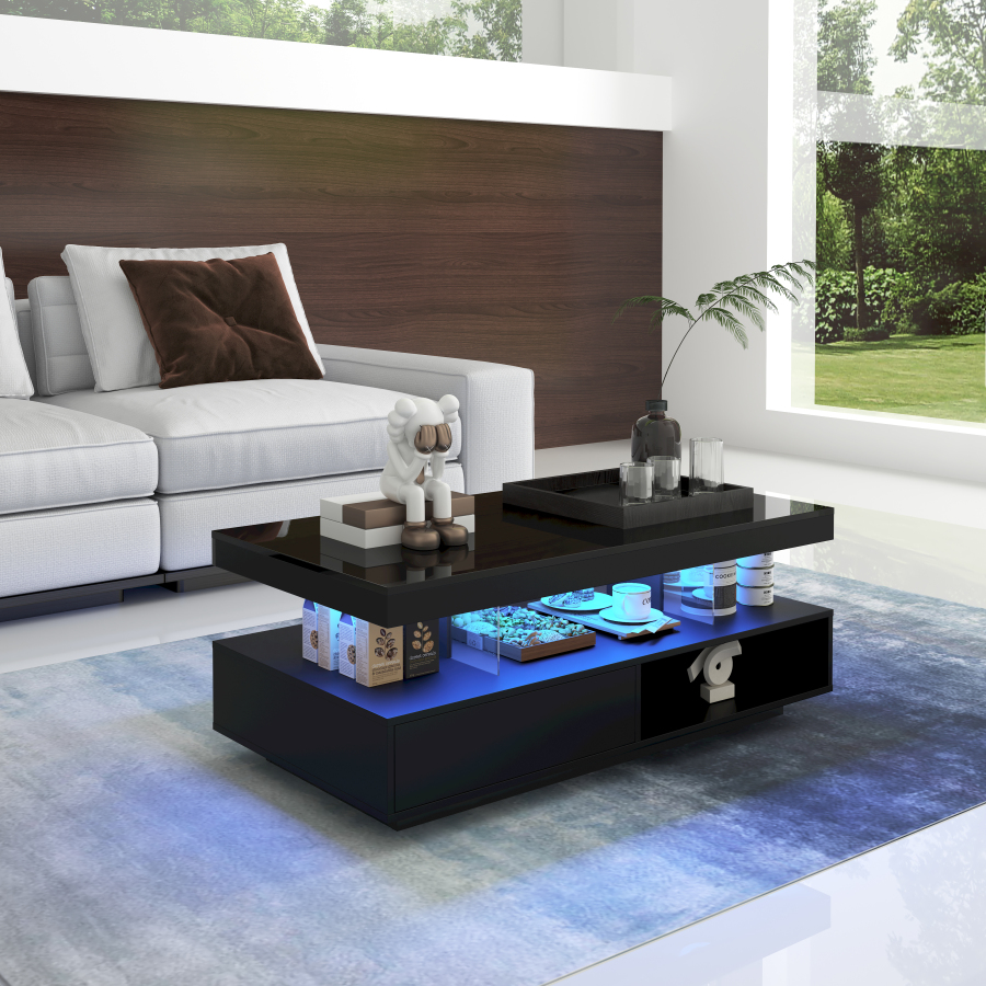 Mesa de centro con LED y 2 cajones negro 42,5x95x50cm