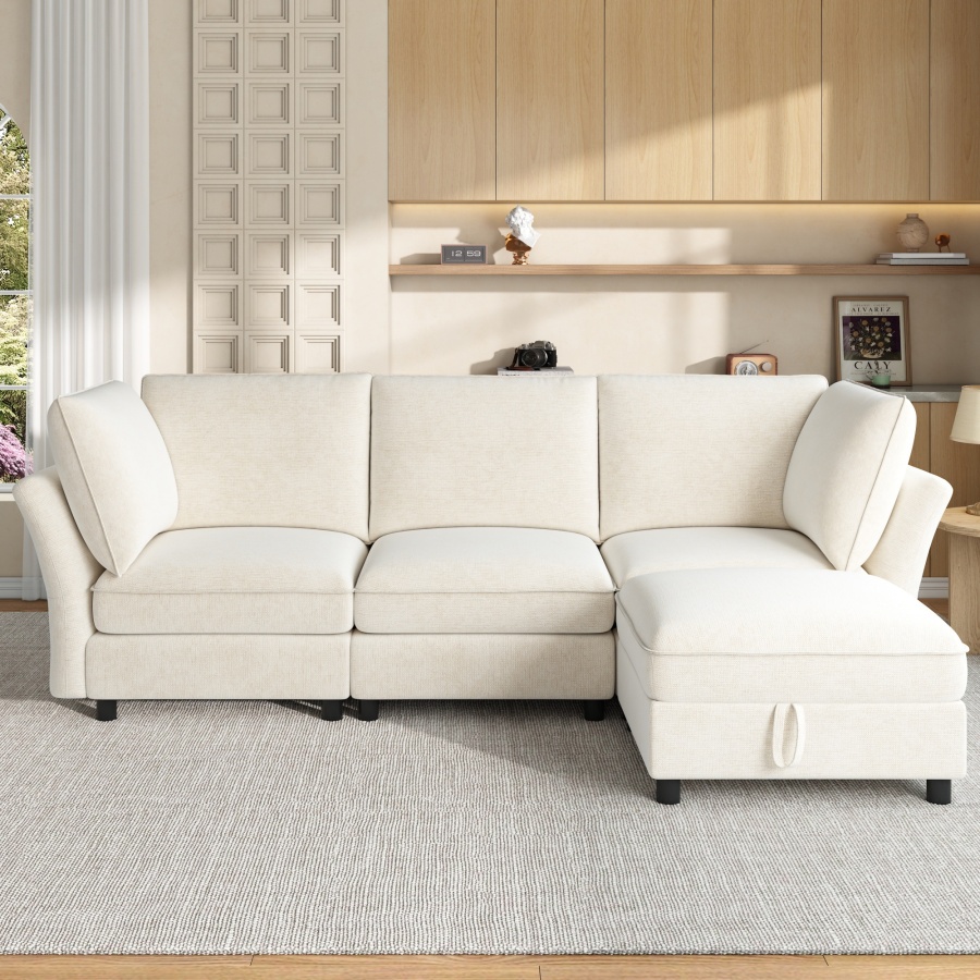 Sofá en l modular chenilla beige 4 plazas con hocker de almacenaje