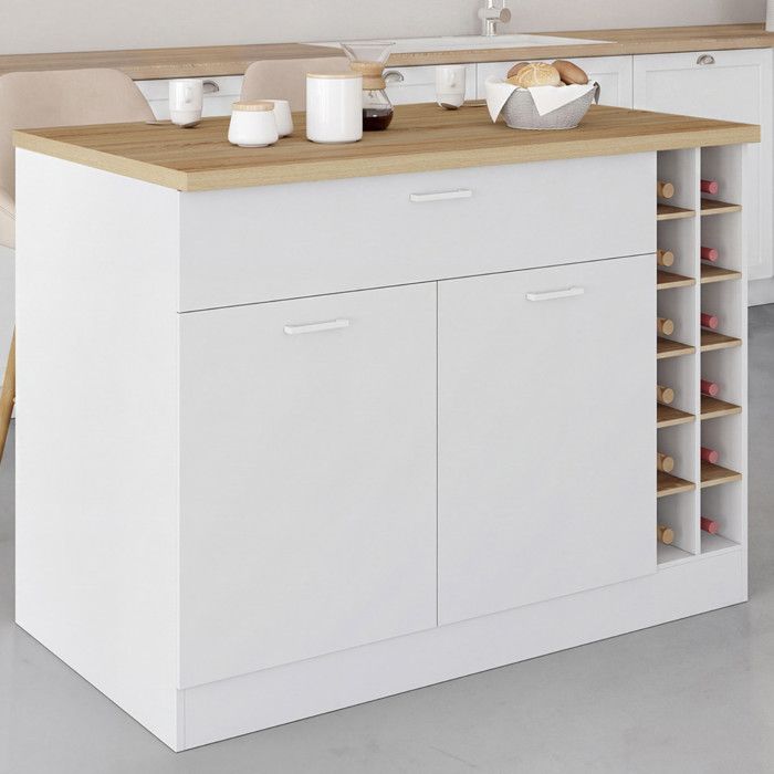 Isla de cocina central - blanco y madera - 120x70x90 cm