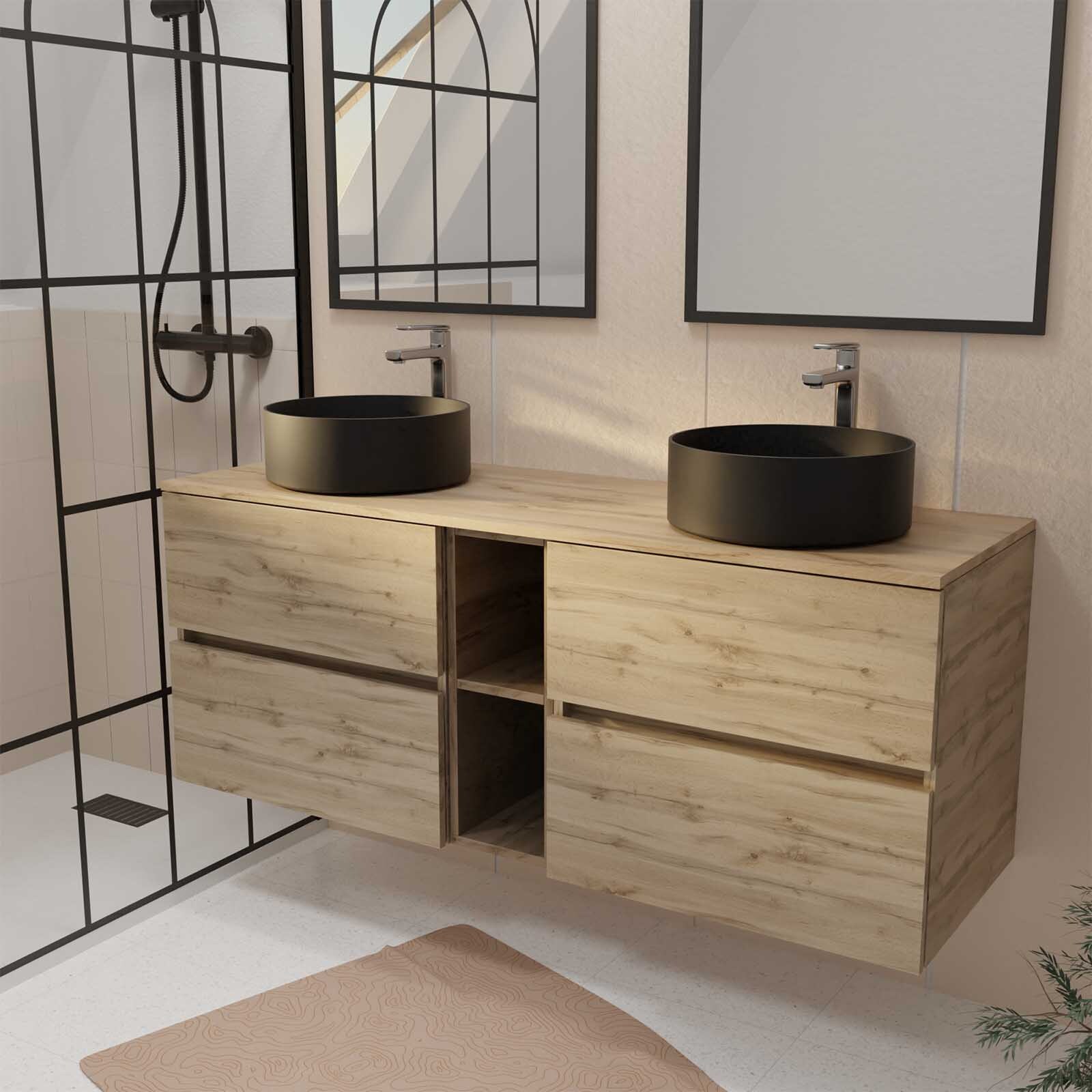 Mueble de baño 140cm roble - 4 cajones y módulo - lavabos negros ø36cm