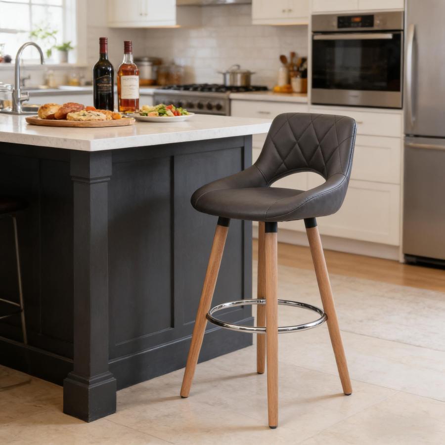 Taburete de bar de piel sintética gris con patas de madera 68cm