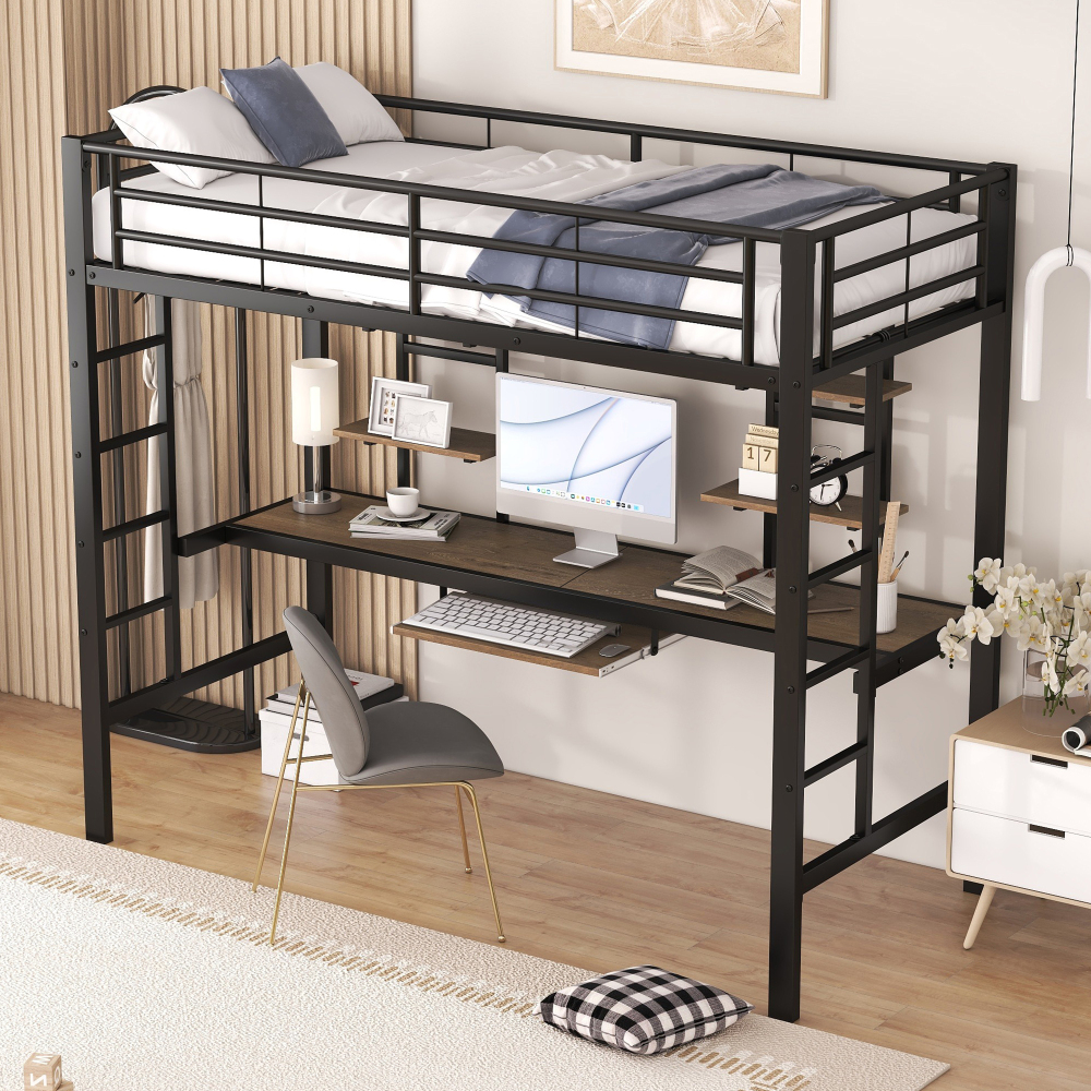 Cama alta 90x200 cm con escritorio y 2 estanterías metal y mdf, color negro