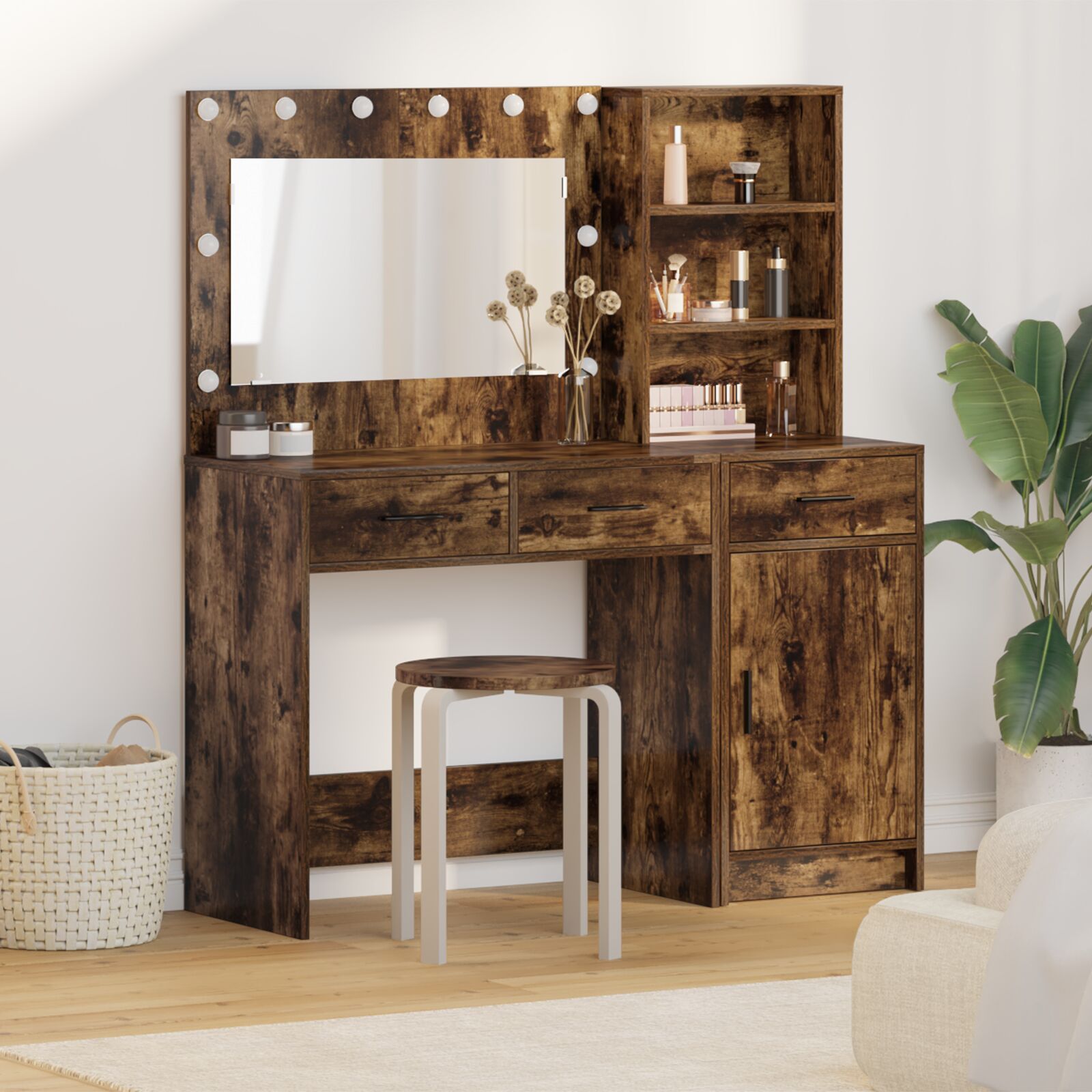 Conjunto de tocador de 2 piezas con LED y madera de roble ahumado oif318549